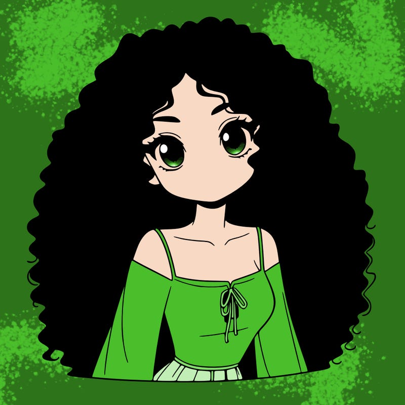 a black anime girl with long afro hair