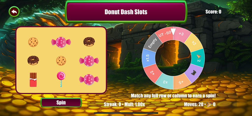 Gameplay of Donut Dash Slots featuring a sweets matching grid and a reward wheel