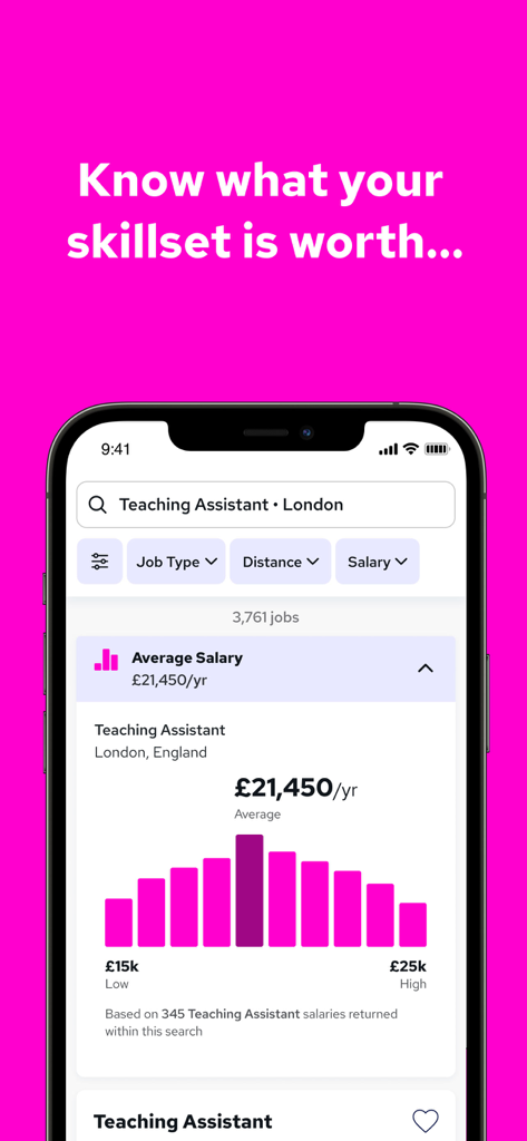 Reed job search app showing the average salary checker feature with a salary distribution chart for a teaching assistant in London