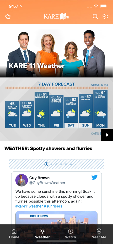 KARE 11 news app weather interface showing a seven day forecast and local meteorologists