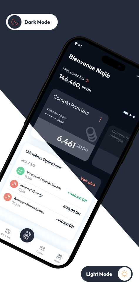 Attijari Mobile - Comparaison de l'interface de l'application mobile Attijari en mode sombre et en mode clair, affichant les soldes des comptes et les transactions.