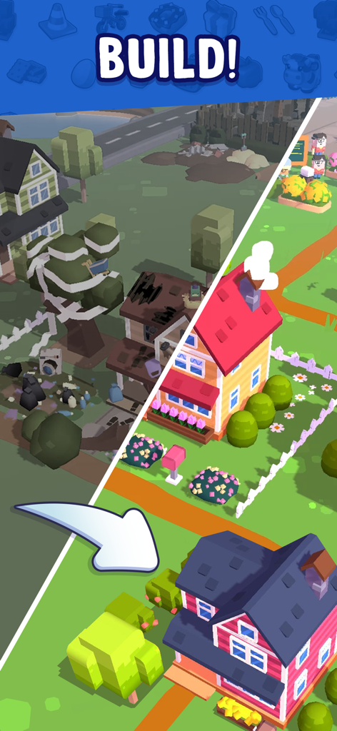 A before and after comparison showing a rundown house being transformed into a colorful renovated home