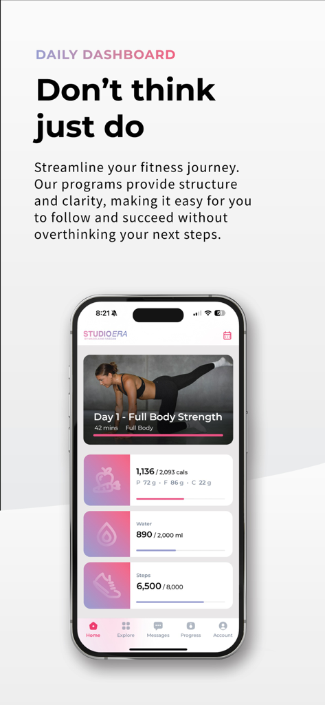 Studio Era app daily dashboard showing full body strength workout tracking for calories water intake and steps
