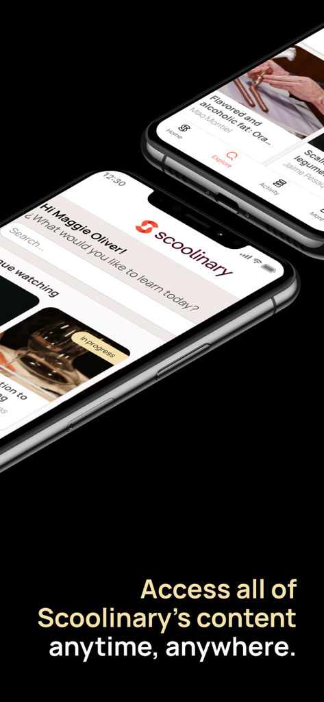 Scoolinary - 2台のiPhoneに表示されるScoolinaryオンラインガストロノミー学校モバイルアプリインターフェイス