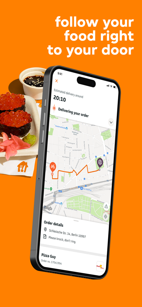 Ein Smartphone-Bildschirm, der die Lieferando Echtzeit-Lieferkarte und Sushi zeigt
