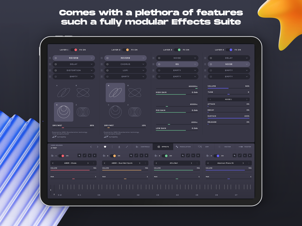 Soundbox - Instrument Platform - Soundbox iPad app interface showing the modular effects suite for music production with multiple audio layers and effects chains.