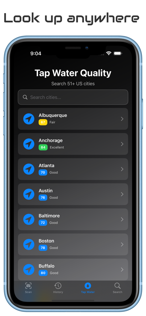H2o Score mobile app screen displaying tap water quality ratings for various US cities.