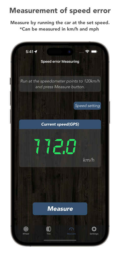 Tire Calculator (Offset&Speed) - Tire Calculator app interface showing real time GPS speed measurement for speedometer error correction