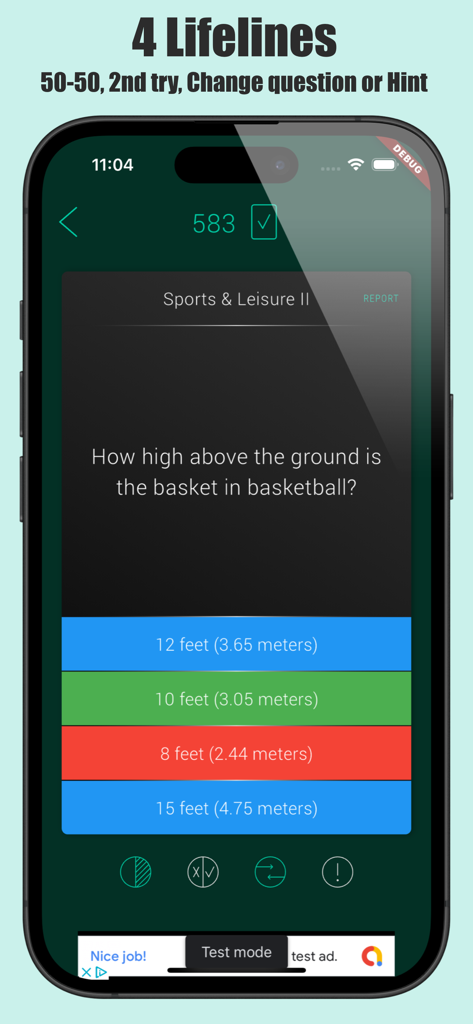 Quizoid: Offline Trivia Quiz - Quizoid trivia app showing a sports question about basketball height and game lifelines