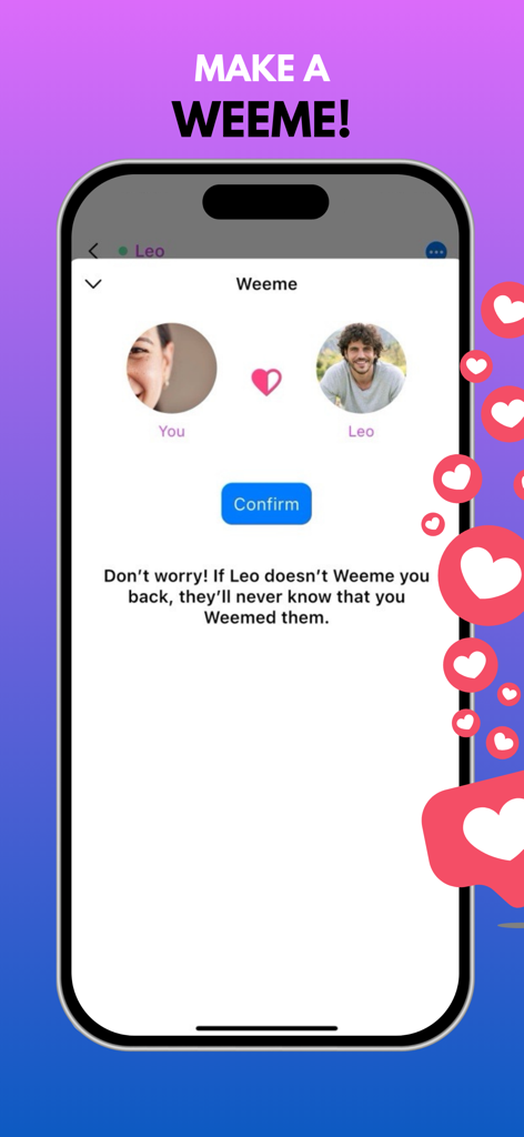 Tela de smartphone mostrando o recurso Weeme no aplicativo Weebu Messenger com ícones de perfil e um símbolo de coração