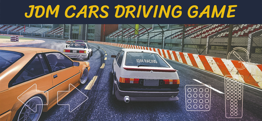 JDM Racing: Drift Car Games - Several JDM cars drifting on a race track with on-screen mobile driving controls