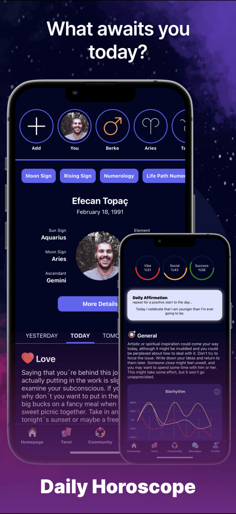 Interfaz de la aplicación móvil Aysel mostrando lecturas de horóscopo diario y perfiles astrológicos
