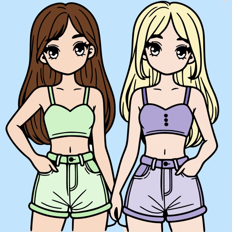 two sisters with crop tops and jean shorts and straight hair