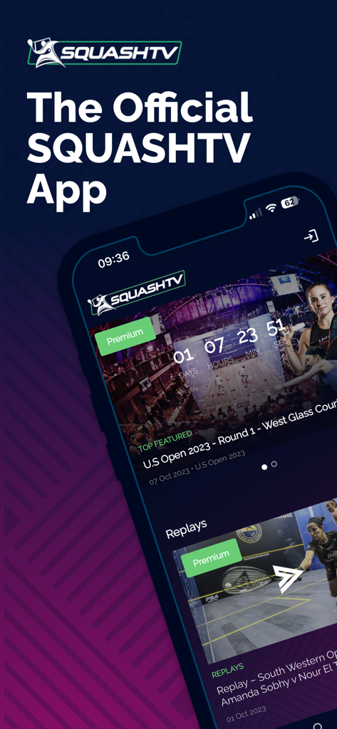 SQUASHTV - Home screen of the SQUASHTV app on a smartphone showing live squash tournament coverage and premium replays