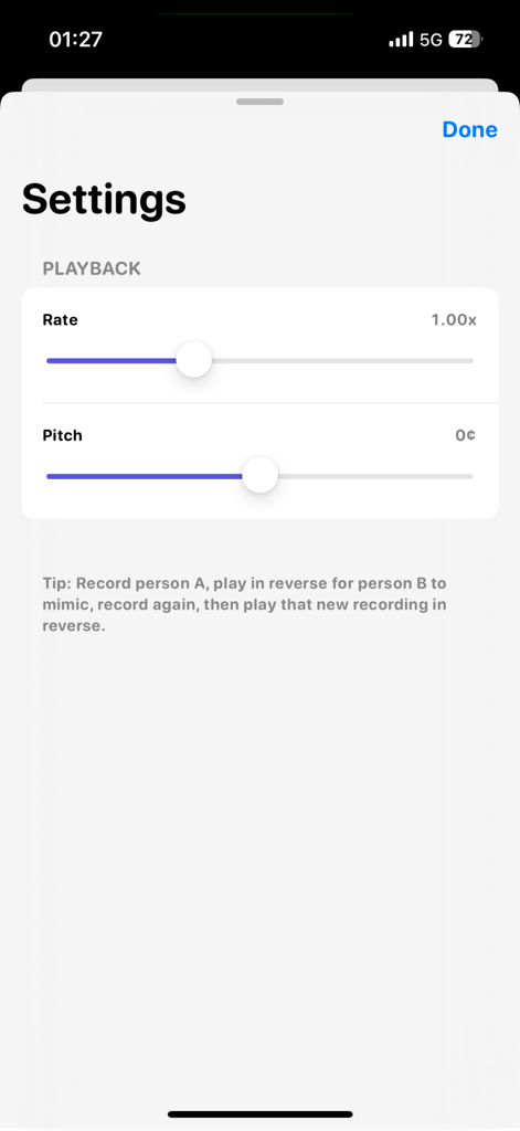 Reverse Audio - Sing & play - Settings screen for adjusting playback rate and pitch in the Reverse Audio app
