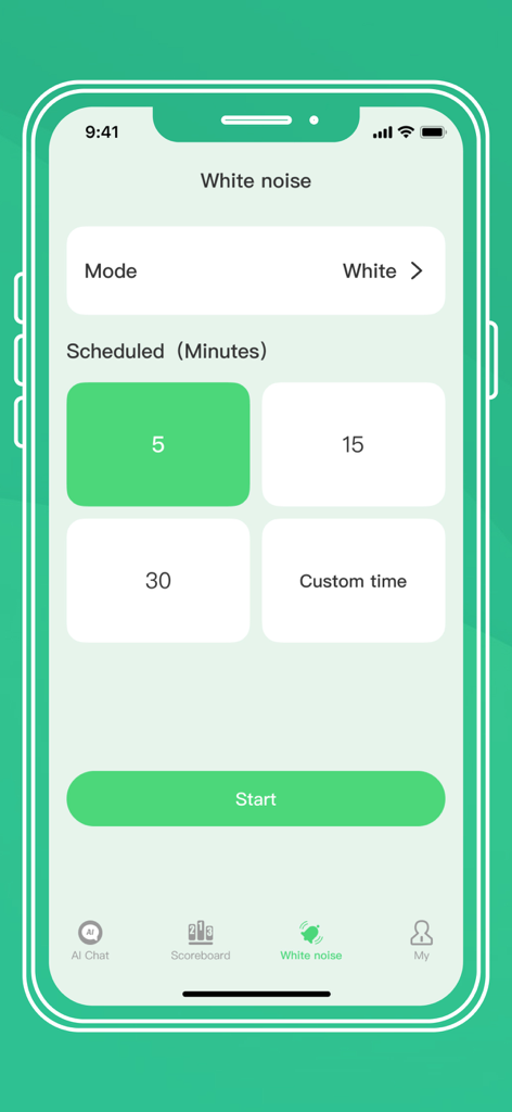 Doppelgänger Assistant - Uno schermo di smartphone che mostra la funzione rumore bianco dell'app Doppelganger Assistant con opzioni di timer per cinque, quindici o trenta minuti