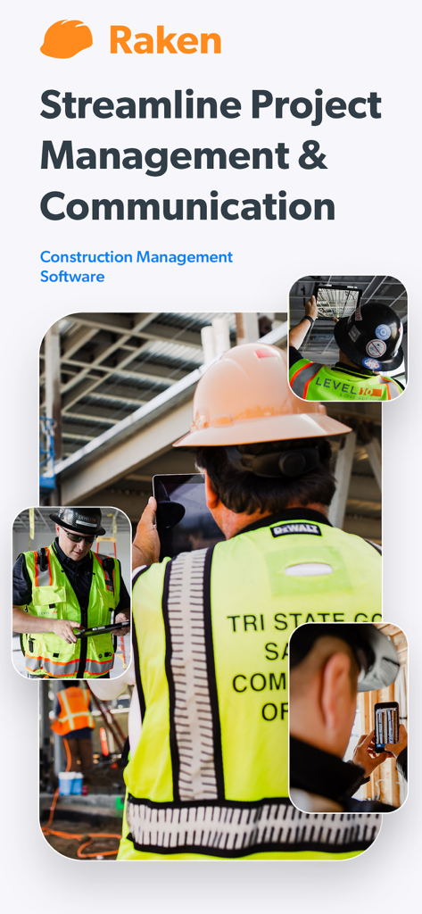 Raken Construction Management - Construction workers on a job site using tablets and smartphones with Raken software to streamline project management and communication.