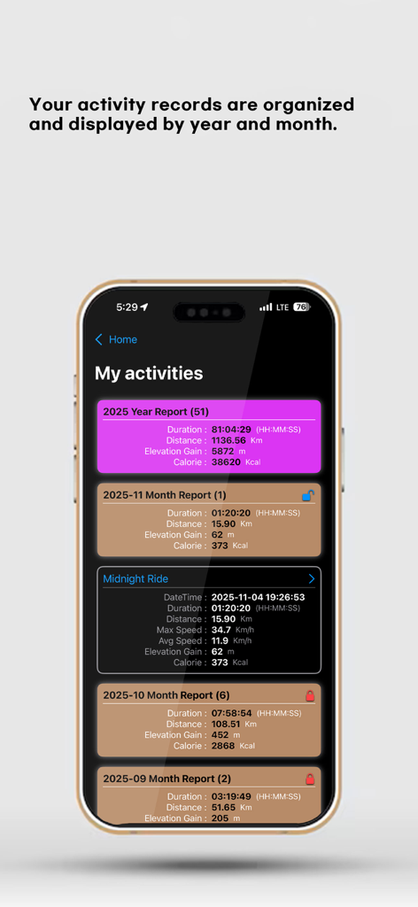 Masil Tracker - O aplicativo Masil Tracker mostrando histórico de atividades de ciclismo e relatórios mensais.