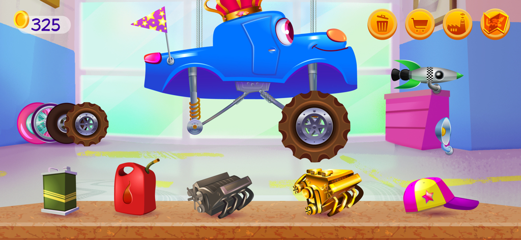 Funny Racing Cars - A blue cartoon monster truck with a crown in a customization garage