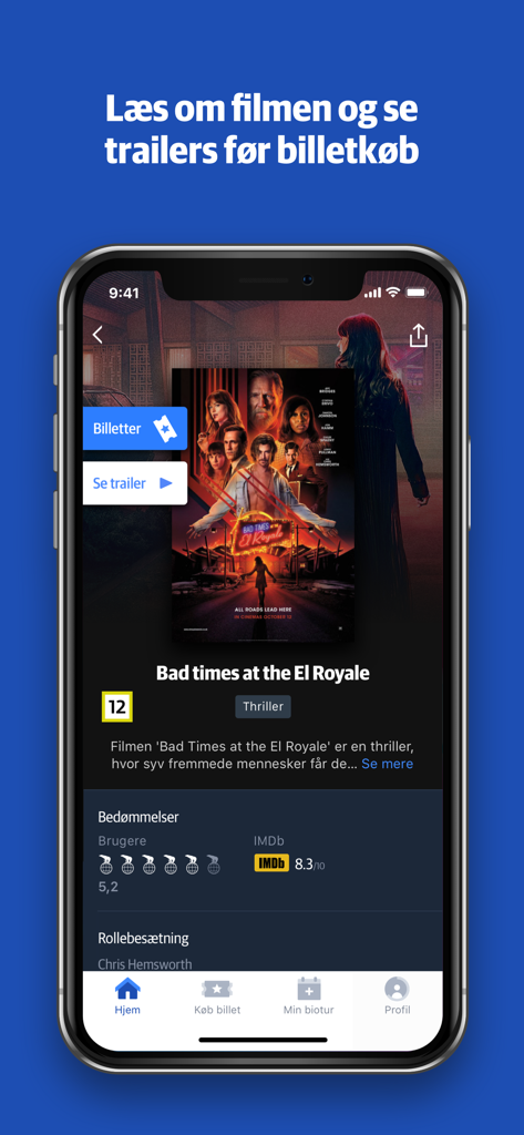 Nordisk Film Biografer app interface showing movie details for Bad Times at the El Royale with trailer and ticket options
