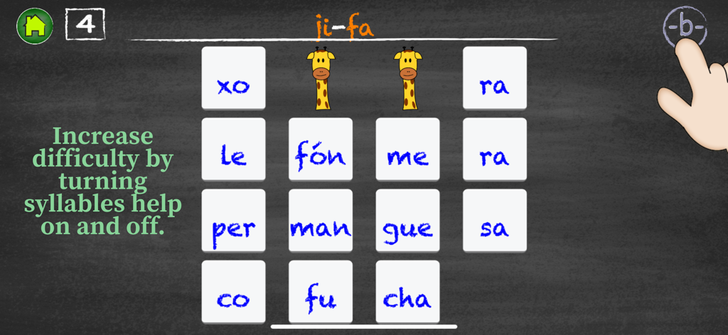 Lee Paso a Paso 2 - Interfaz educativa de un juego de memoria de sílabas en español que muestra tarjetas de coincidencia de palabras en un fondo de pizarra.