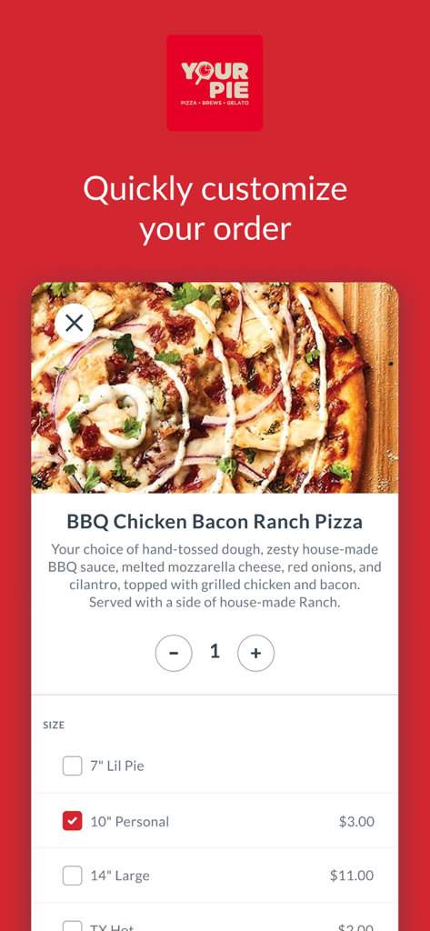 Your Pie Rewards - Your Pie Rewards app interface for customizing a pizza order