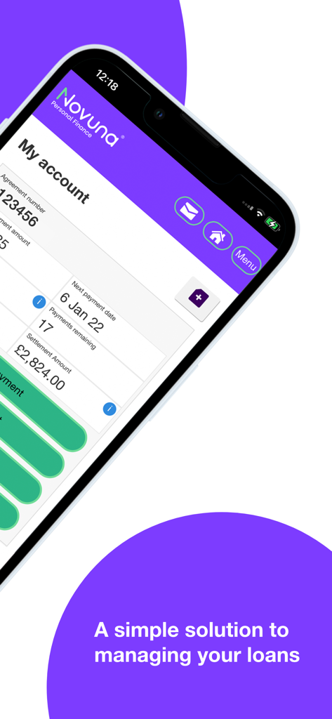Novuna Personal Finance - La aplicación Novuna Financiación Personal que muestra una vista general de la cuenta del préstamo con fechas de pago y montos de liquidación.