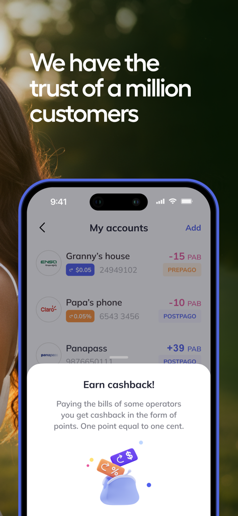 Punto Pago app screen showing bill payments for family and a cashback rewards pop up notification