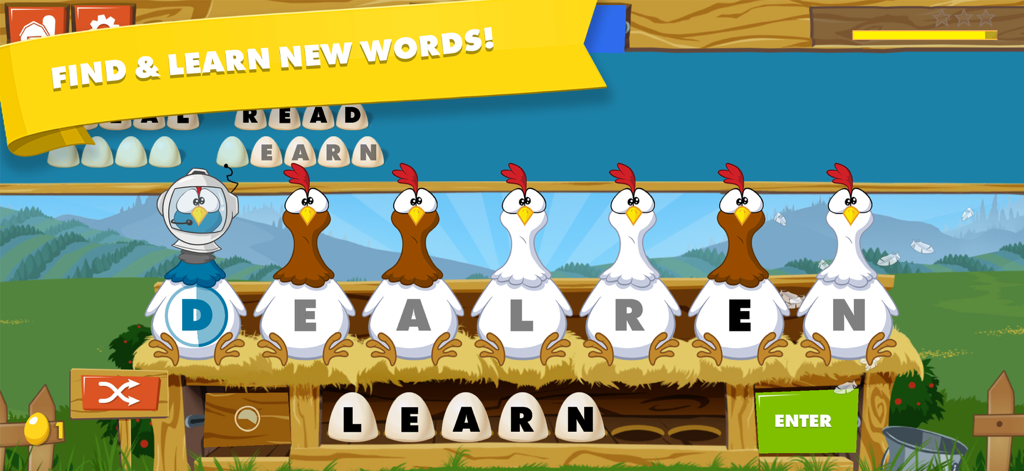 Cartoon chickens on a farm perch with letters on their chests to spell words