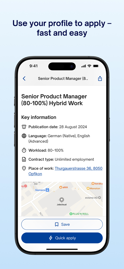 A job posting for a Senior Product Manager in Switzerland on the jobs ch mobile app with a quick apply button