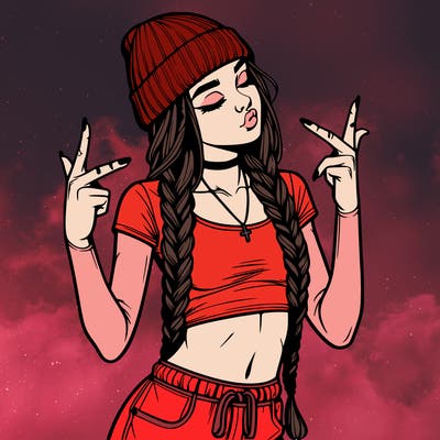 realistic teenage girl with braids and a beanie and crop top doing 🫶🏼