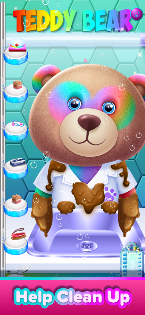 Play Toy & Pet Doctor - Oso de peluche arcoíris cubierto de barro esperando ser limpiado en un juego infantil de temática de doctor