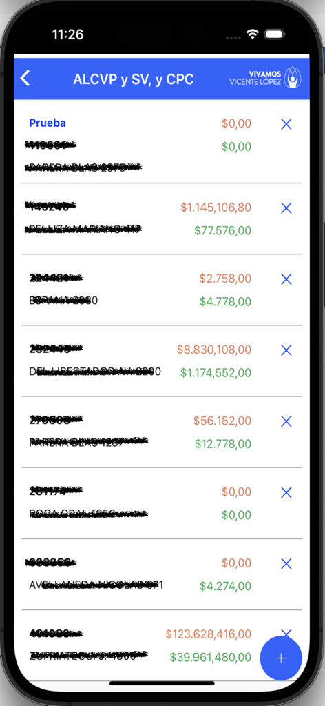 Écran de l'application SAT Movil montrant une liste des comptes d'impôts municipaux et des soldes pour Vicente Lopez