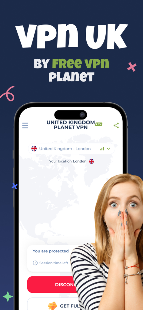 UK VPN - Private & Secure - Una donna con un'espressione sorpresa accanto a un iPhone che mostra l'app UK VPN connessa a un server di Londra.
