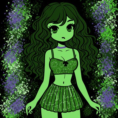 crop top girl with very short skirt and curly long hair