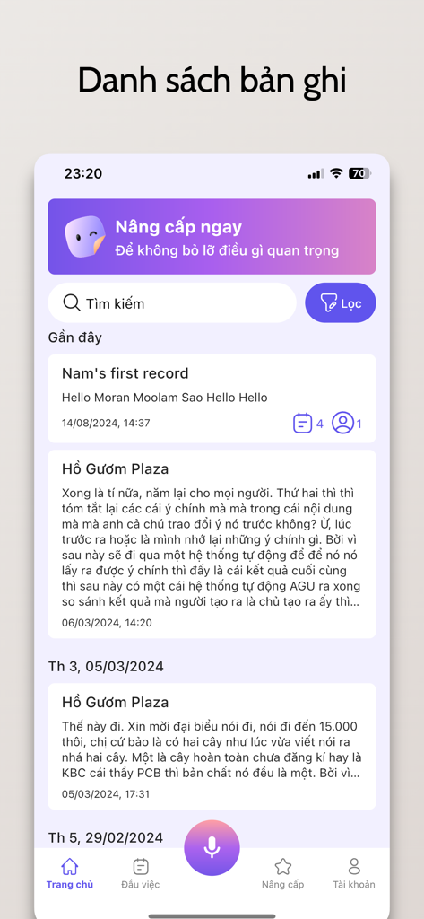 memobot - A mobile interface of the Memobot app showing a history of AI transcribed recordings and summaries
