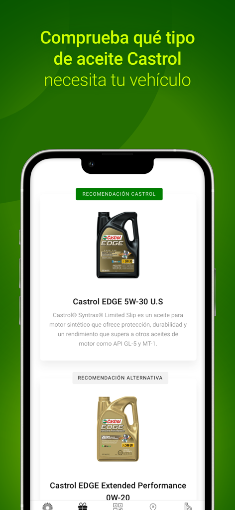 miBP ofertas y puntos gasolina - Castrol oil recommendation screen in the miBP app for vehicle maintenance