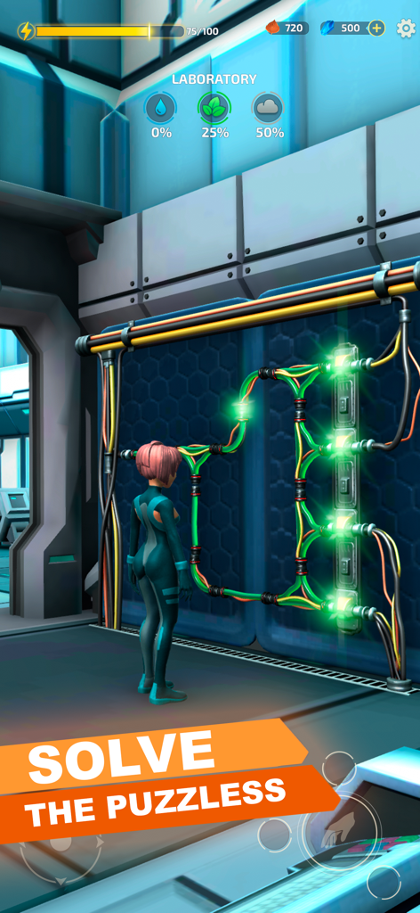 Ecotopia: Farm & craft game - A female character solving a glowing green circuit board puzzle inside a futuristic laboratory.