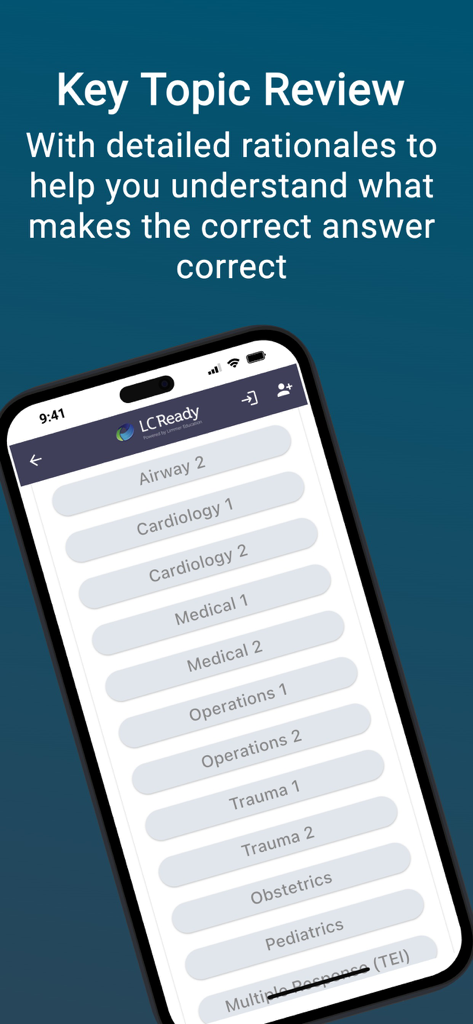 EMT PASS (new) - EMT PASS app screen showing a list of NREMT study topics including Cardiology, Trauma, and Pediatrics with detailed rationales.