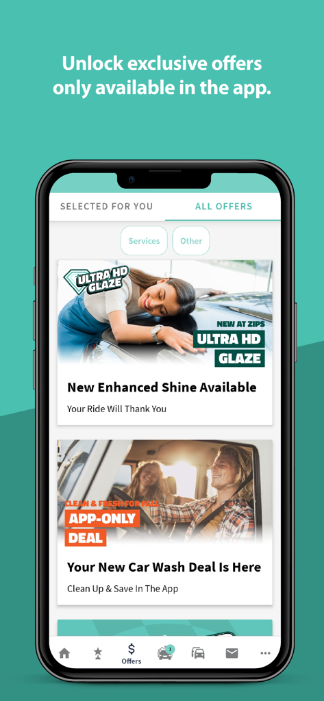 Smartphone screen showing the ZIPS Car Wash app offers page with exclusive discounts and service upgrades.