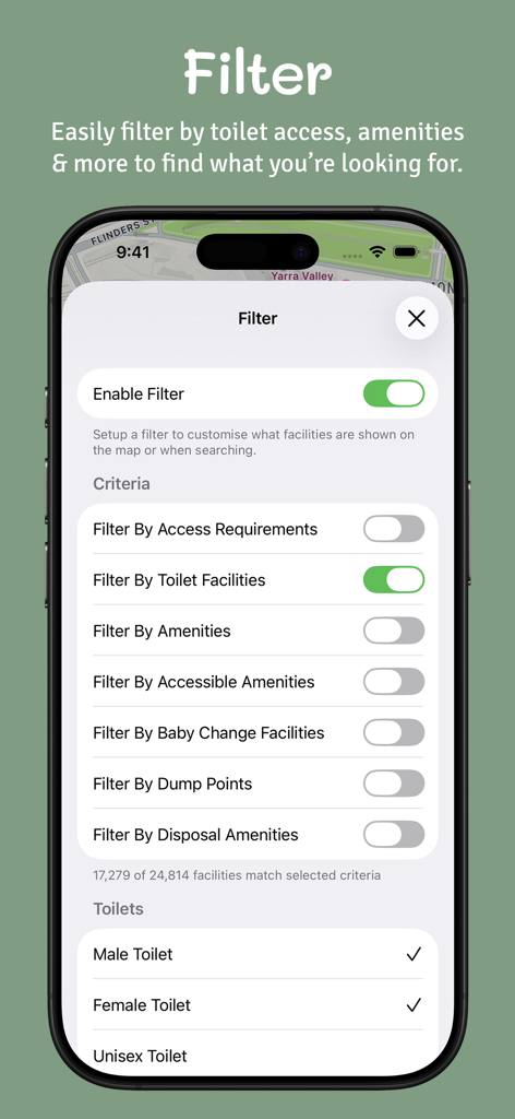 Filter interface of the Public Toilets Australia app showing amenity search criteria