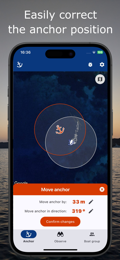 Anchor Easy: GPS Anchor Alarm - A mobile interface for Anchor Easy app showing the map and settings to manually adjust anchor position and distance