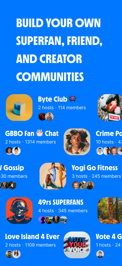 ChatBCC app screen showing a list of different creator and superfan community group chats