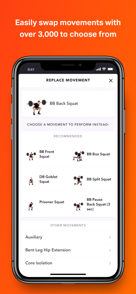 Écran d'application mobile affichant diverses options de remplacement d'exercices comme des front squats et des box squats pour la personnalisation de l'entraînement.