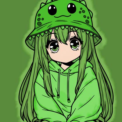 girl with anime shaped eyes with a dinosaur bucket hat oversized sweatshirt long straight hair