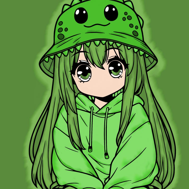girl with anime shaped eyes with a dinosaur bucket hat oversized sweatshirt long straight hair