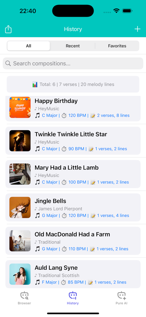 Pretube - No ads in video - Pretube app history screen showing a list of AI generated music tracks with key and tempo details
