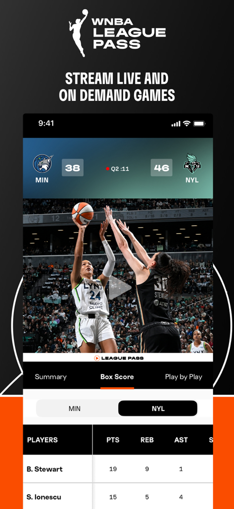 WNBA: Live Games & Scores - A mobile interface for the WNBA app showing a live game stream and detailed player box score stats