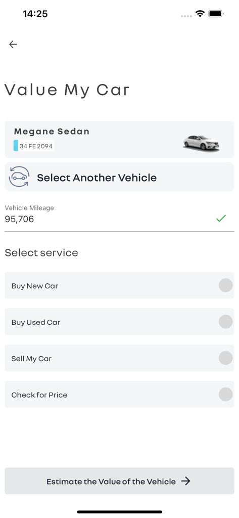 Renault PORT mobile app interface for estimating vehicle value and selecting automotive services
