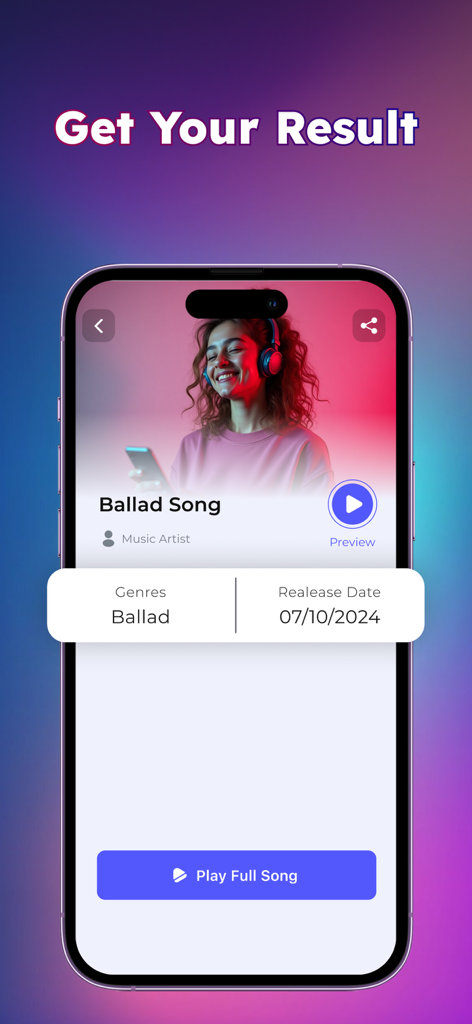 Song Recognition - Screenshot of the Song Recognition app displaying the name, artist, genre, and release date of an identified song.